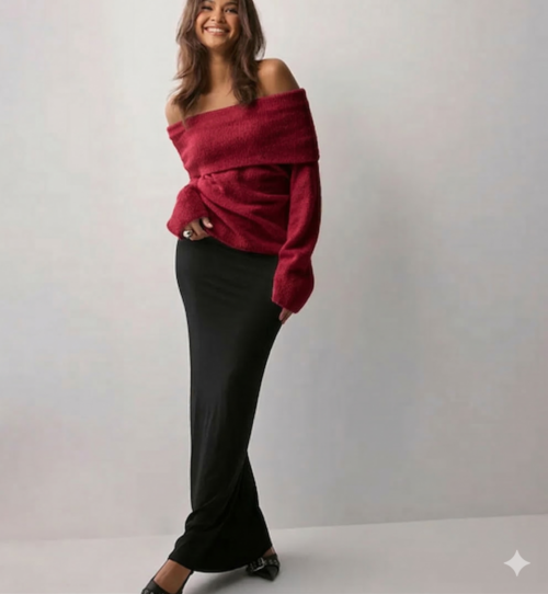 Off-Shoulder knit dress - Czerwona